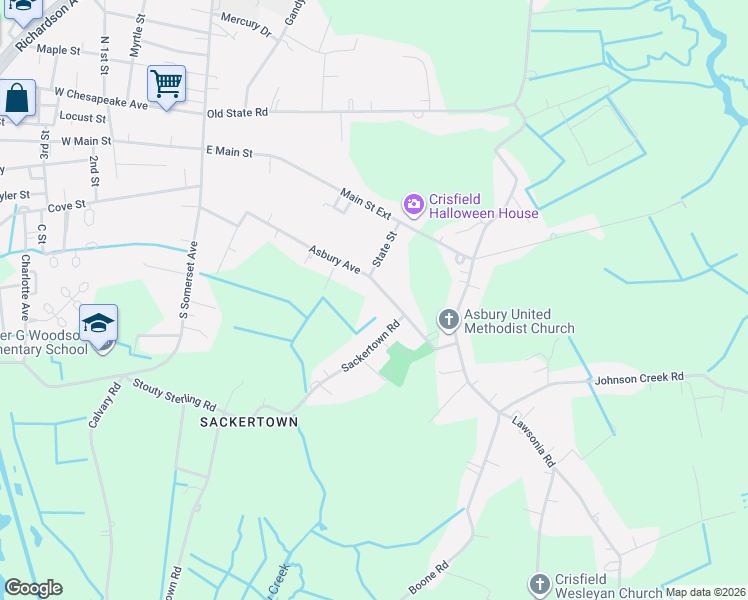 map of restaurants, bars, coffee shops, grocery stores, and more near 26516 Asbury Avenue in Crisfield