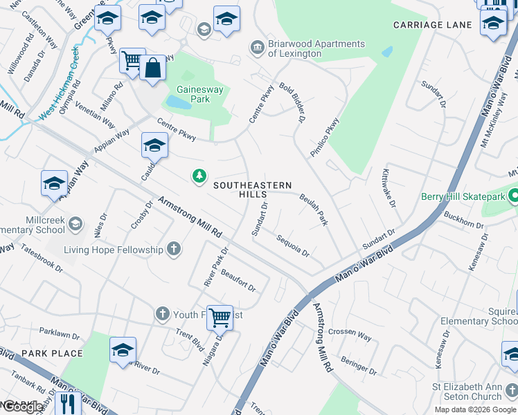map of restaurants, bars, coffee shops, grocery stores, and more near 1296 Beulah Park in Lexington