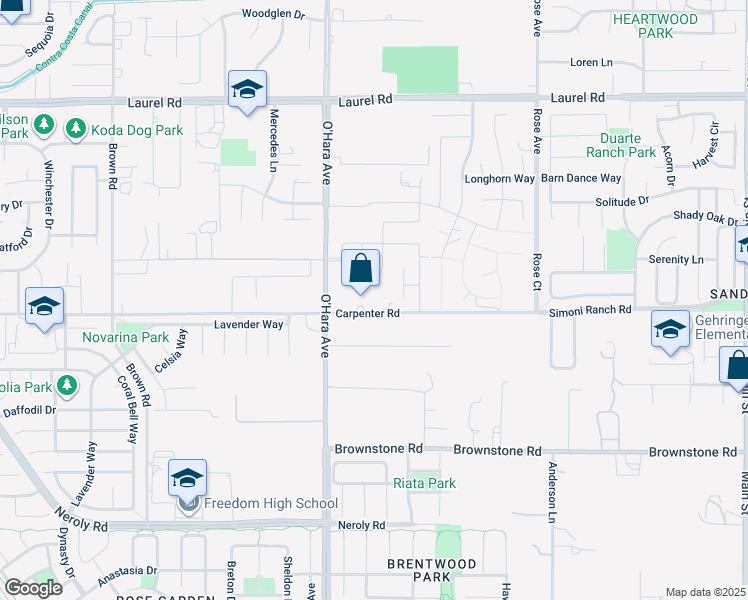 map of restaurants, bars, coffee shops, grocery stores, and more near 918 Carpenter Road in Oakley