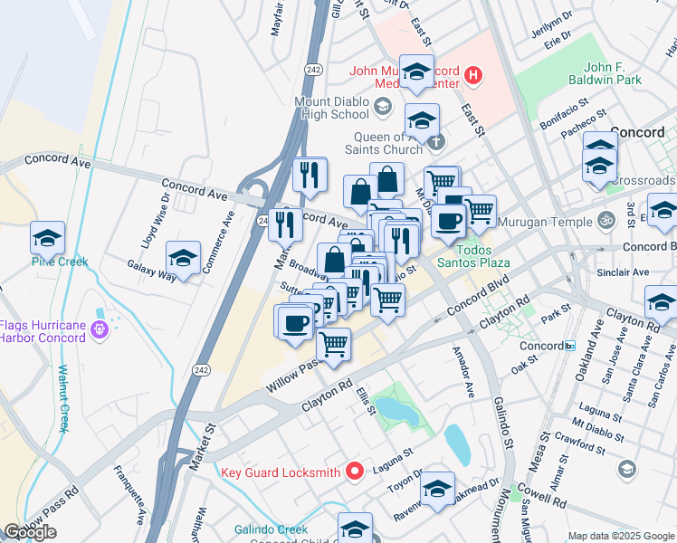 map of restaurants, bars, coffee shops, grocery stores, and more near 1771 Broadway Street in Concord