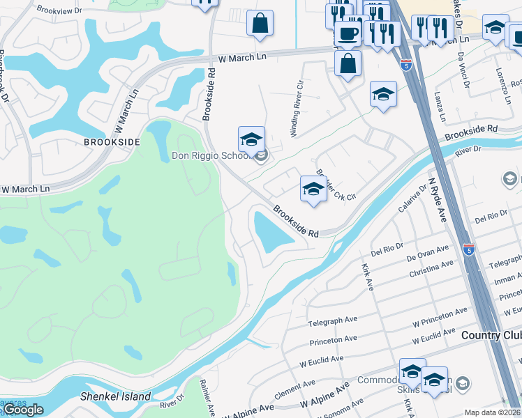 map of restaurants, bars, coffee shops, grocery stores, and more near 3010 Carousel Circle in Stockton