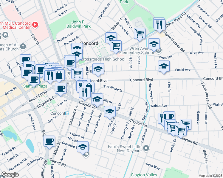 map of restaurants, bars, coffee shops, grocery stores, and more near 3036 Concord Boulevard in Concord