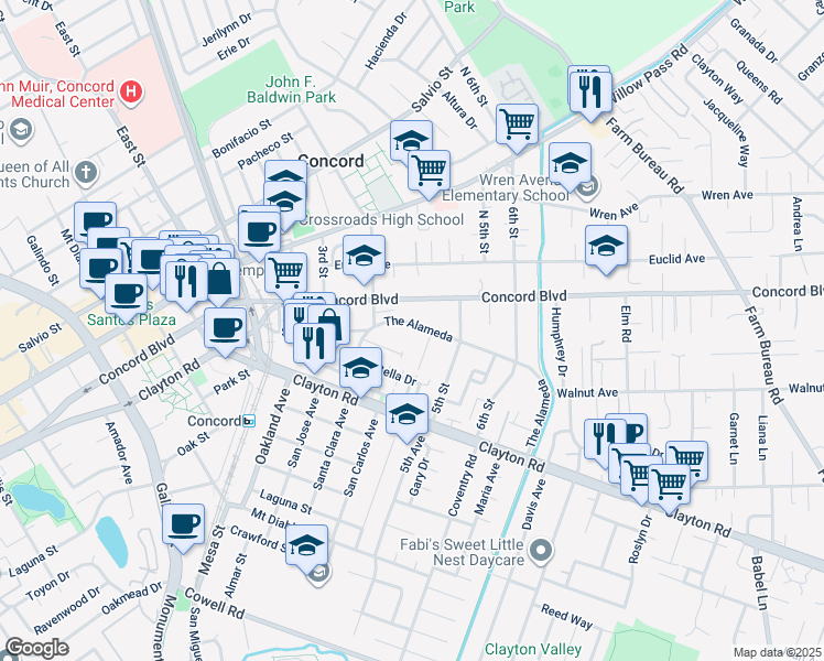 map of restaurants, bars, coffee shops, grocery stores, and more near 3036 Concord Boulevard in Concord