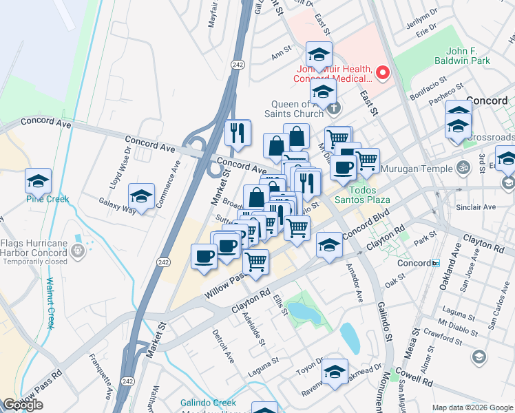 map of restaurants, bars, coffee shops, grocery stores, and more near 2130 California Street in Concord