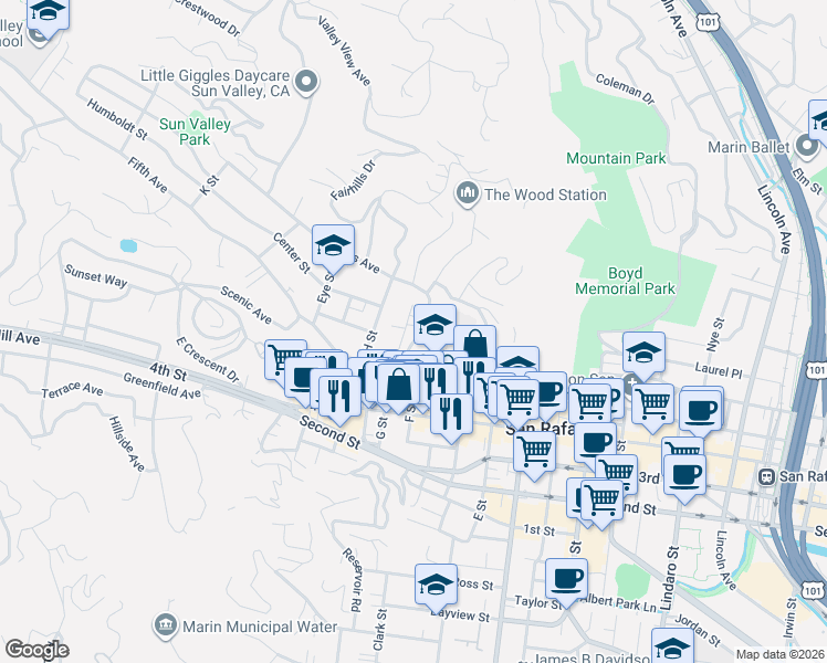 map of restaurants, bars, coffee shops, grocery stores, and more near 341 G Street in San Rafael