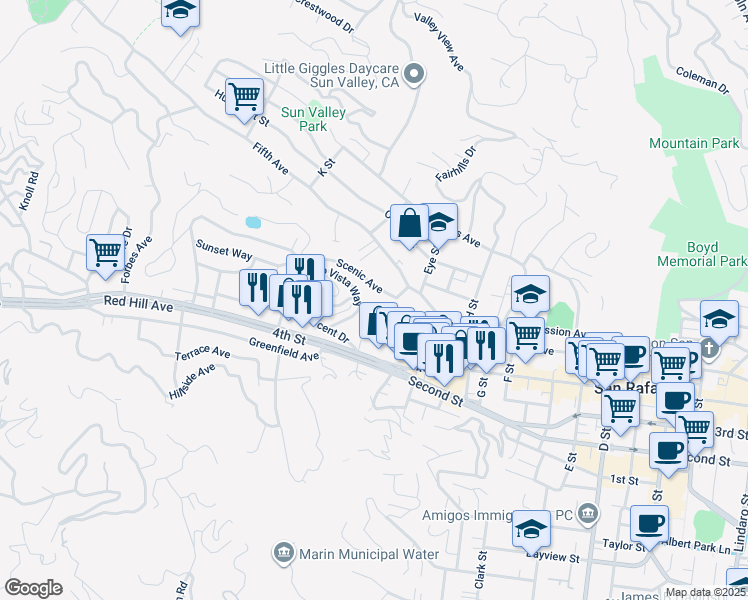 map of restaurants, bars, coffee shops, grocery stores, and more near 59 Bayo Vista Way in San Rafael