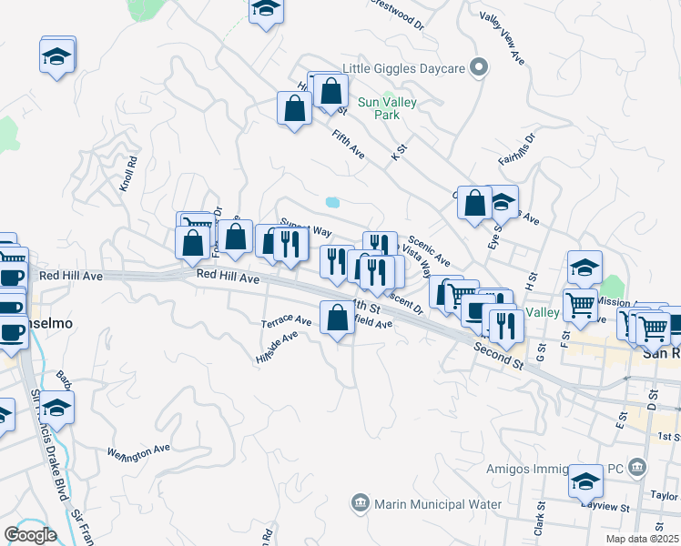 map of restaurants, bars, coffee shops, grocery stores, and more near 14 Belloreid Avenue in San Rafael