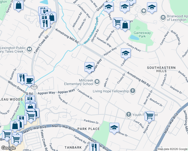 map of restaurants, bars, coffee shops, grocery stores, and more near 3640 Appian Way in Lexington