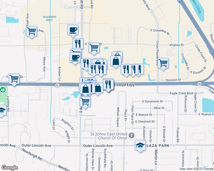 map of restaurants, bars, coffee shops, grocery stores, and more near 6625 East Lloyd Expressway in Evansville