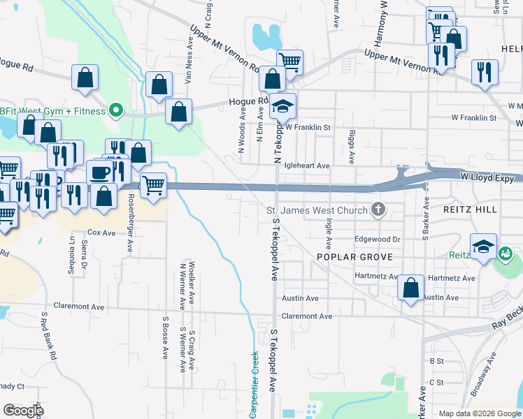 map of restaurants, bars, coffee shops, grocery stores, and more near 35 South Tekoppel Avenue in Evansville