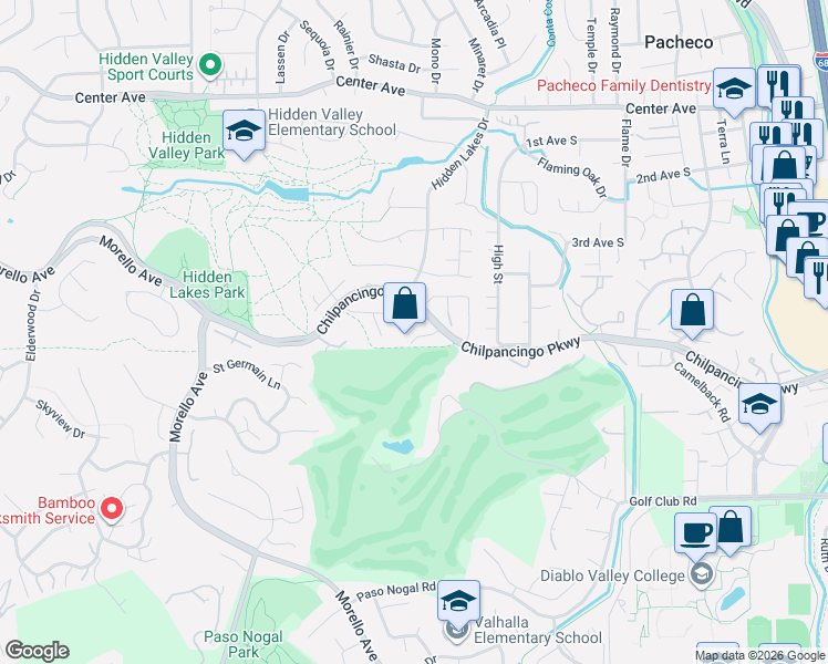 map of restaurants, bars, coffee shops, grocery stores, and more near 2253 Lake Crest Court in Martinez