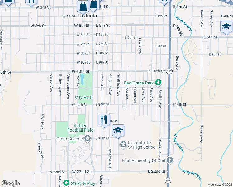map of restaurants, bars, coffee shops, grocery stores, and more near 1201-1305 Cimarron Avenue in La Junta