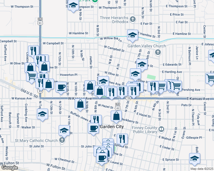map of restaurants, bars, coffee shops, grocery stores, and more near 1205 A Street in Garden City