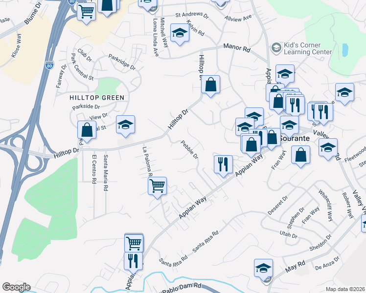map of restaurants, bars, coffee shops, grocery stores, and more near 617 Pebble Drive in El Sobrante