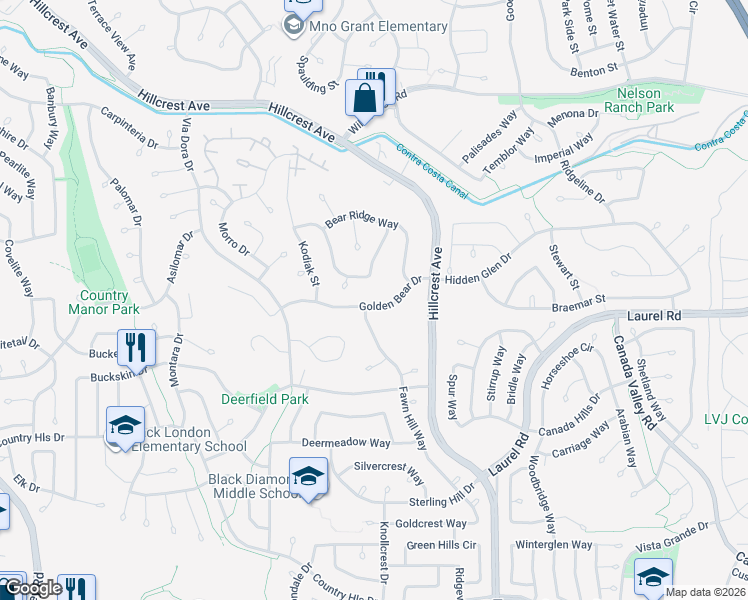 map of restaurants, bars, coffee shops, grocery stores, and more near 4705 Golden Bear Drive in Antioch