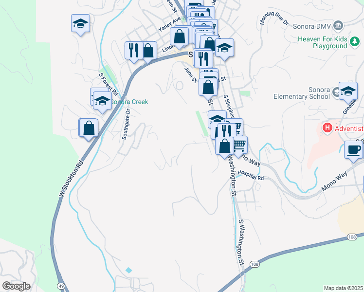 map of restaurants, bars, coffee shops, grocery stores, and more near 220 West Sunset Street in Sonora