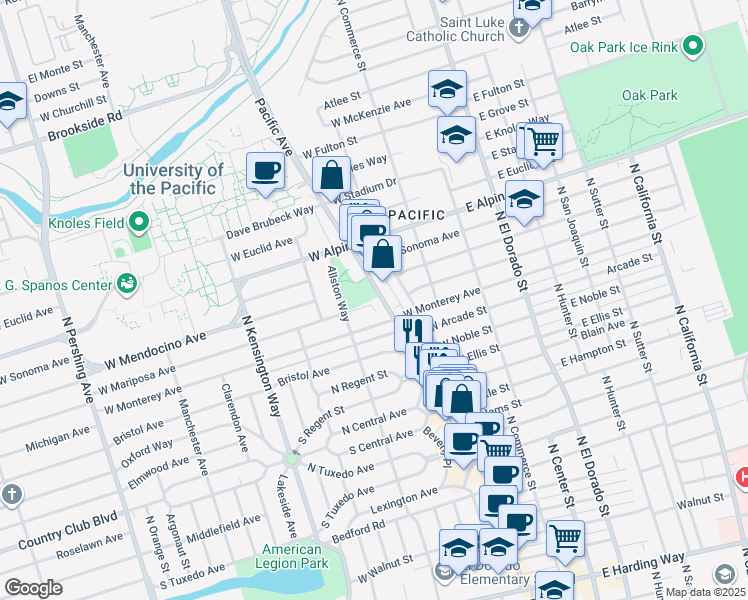 map of restaurants, bars, coffee shops, grocery stores, and more near 3021 Pacific Avenue in Stockton