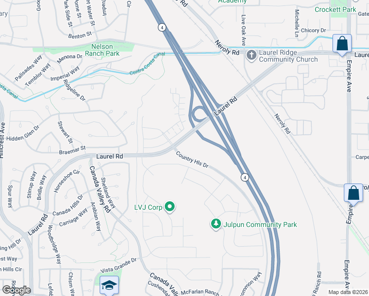 map of restaurants, bars, coffee shops, grocery stores, and more near Laurel Road in Antioch