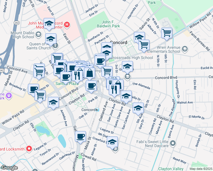map of restaurants, bars, coffee shops, grocery stores, and more near 1751 1st Street in Concord