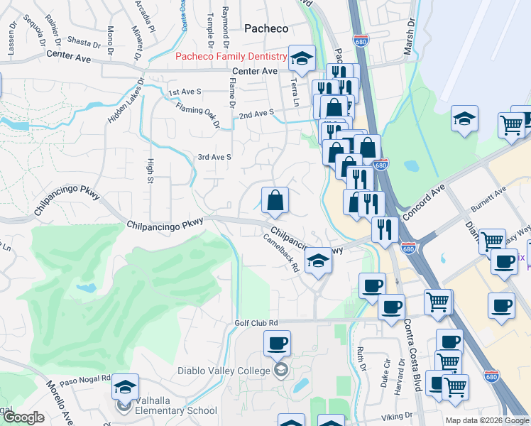 map of restaurants, bars, coffee shops, grocery stores, and more near 422 Camelback Road in Pleasant Hill