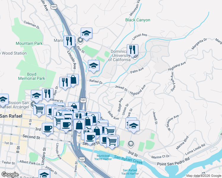 map of restaurants, bars, coffee shops, grocery stores, and more near in San Rafael