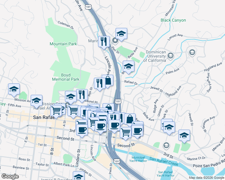 map of restaurants, bars, coffee shops, grocery stores, and more near 75 Plum Tree Lane in San Rafael