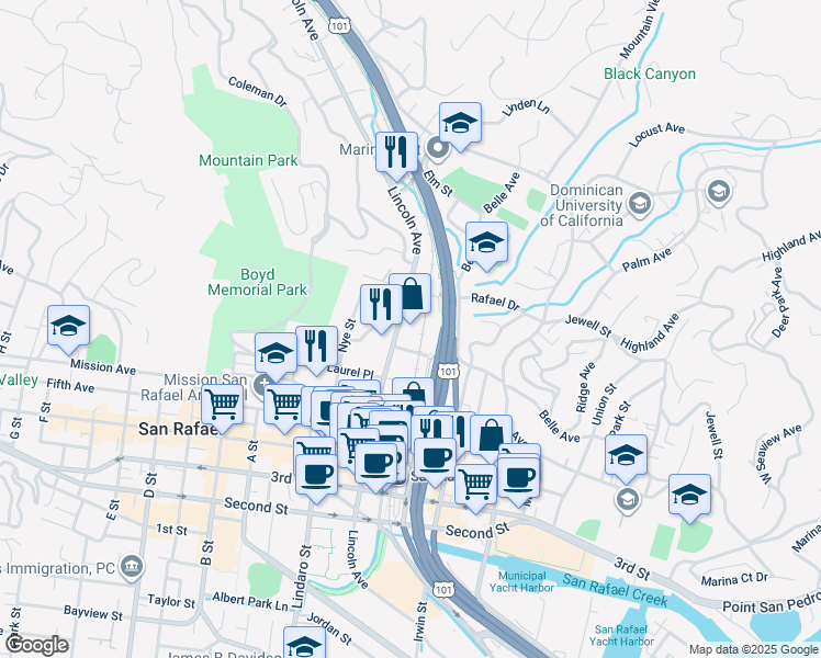 map of restaurants, bars, coffee shops, grocery stores, and more near 75 Plum Tree Lane in San Rafael
