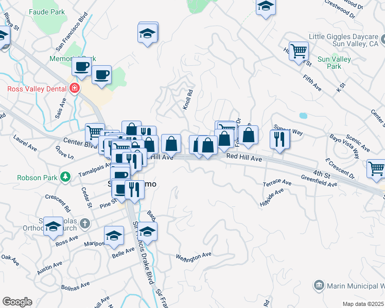 map of restaurants, bars, coffee shops, grocery stores, and more near 40 Park Way in San Anselmo