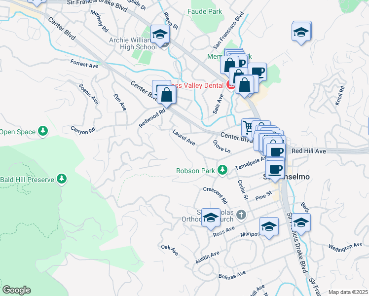 map of restaurants, bars, coffee shops, grocery stores, and more near 110 Laurel Avenue in San Anselmo