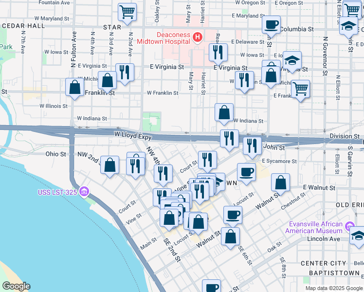 map of restaurants, bars, coffee shops, grocery stores, and more near 608 Ingle Street in Evansville