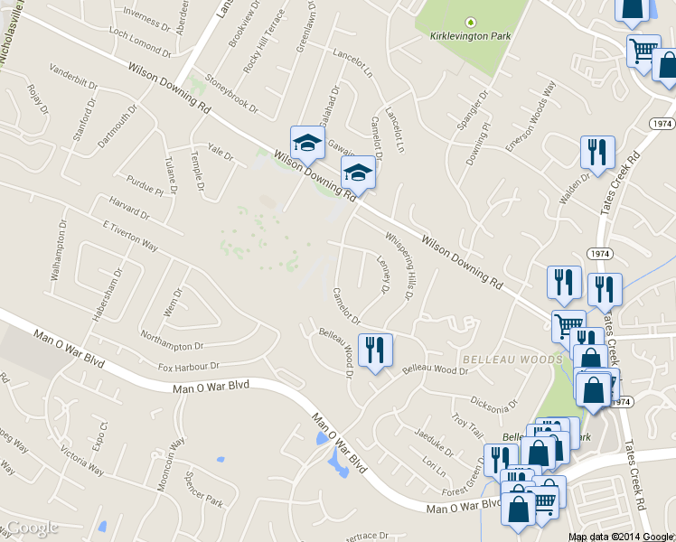 map of restaurants, bars, coffee shops, grocery stores, and more near 3745 Camelot Drive in Lexington