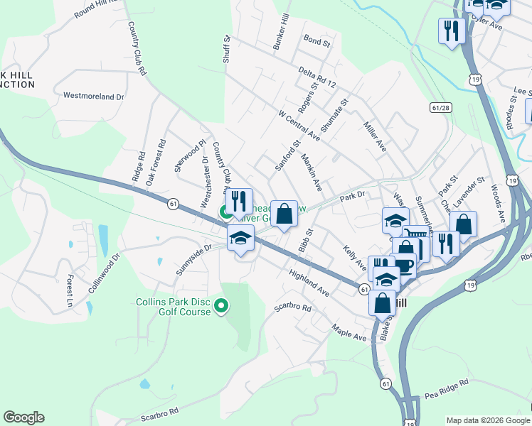 map of restaurants, bars, coffee shops, grocery stores, and more near 101-125 Burkholder St in Oak Hill