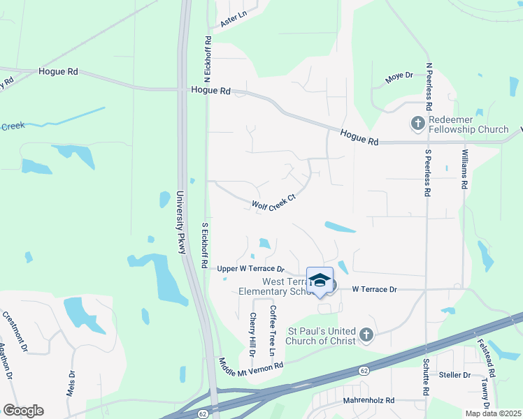 map of restaurants, bars, coffee shops, grocery stores, and more near 8245 Wolf Creek Drive in Evansville