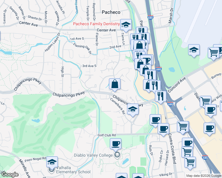 map of restaurants, bars, coffee shops, grocery stores, and more near 422 Camelback Road in Pleasant Hill