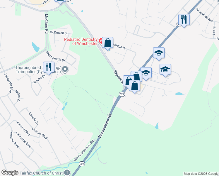 map of restaurants, bars, coffee shops, grocery stores, and more near 1509 Boonesboro Road in Winchester