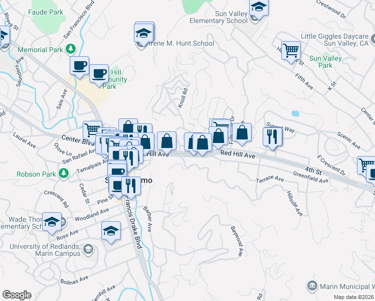 map of restaurants, bars, coffee shops, grocery stores, and more near 40 Park Way in San Anselmo
