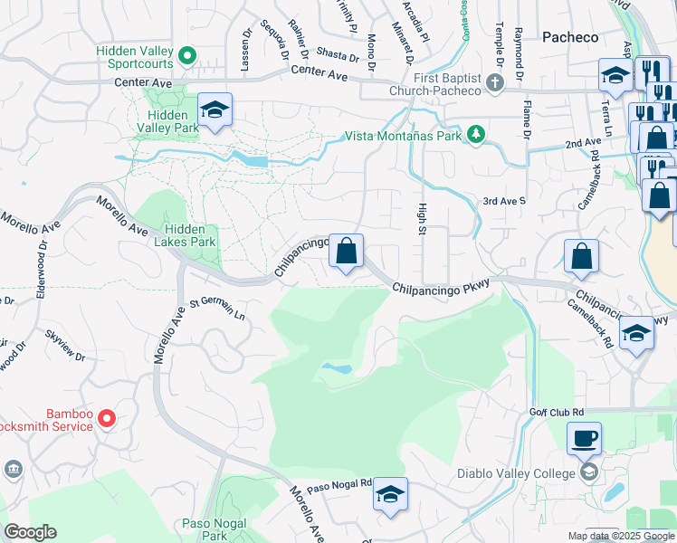 map of restaurants, bars, coffee shops, grocery stores, and more near 2303 New Lake Place in Martinez