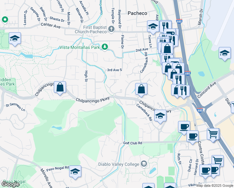 map of restaurants, bars, coffee shops, grocery stores, and more near 600 Ryan Drive in Pleasant Hill