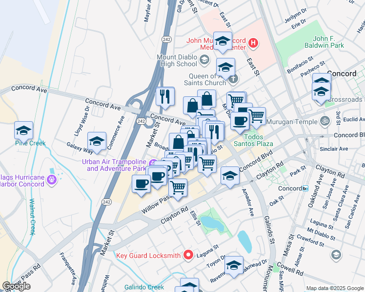 map of restaurants, bars, coffee shops, grocery stores, and more near in Concord