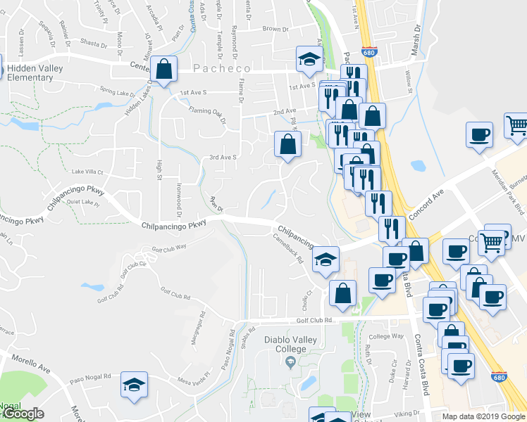 map of restaurants, bars, coffee shops, grocery stores, and more near 394 Camelback Road in Pleasant Hill