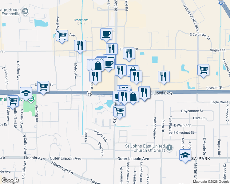 map of restaurants, bars, coffee shops, grocery stores, and more near East Lloyd Expressway & North Burkhardt Road in Evansville