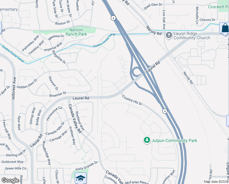 map of restaurants, bars, coffee shops, grocery stores, and more near Laurel Road in Antioch