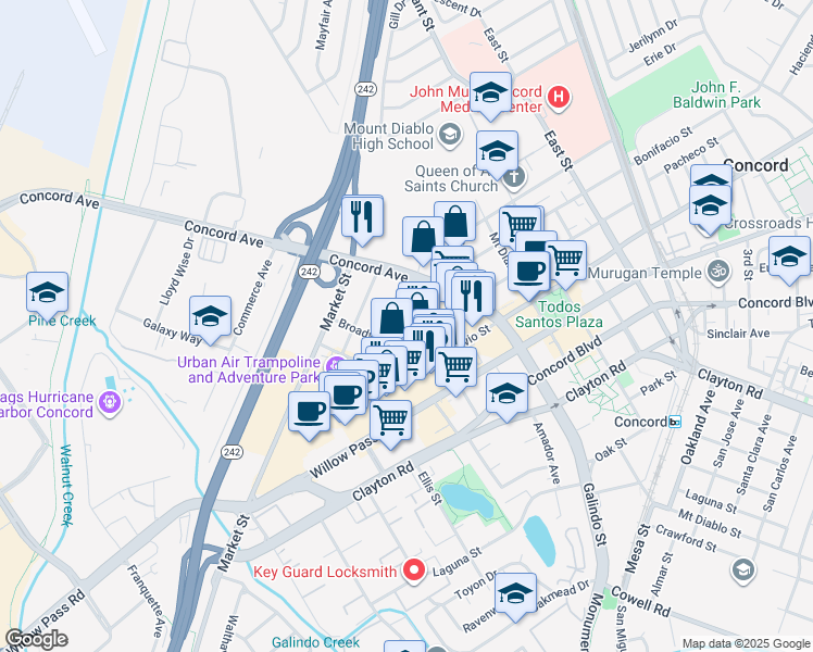 map of restaurants, bars, coffee shops, grocery stores, and more near 2130 California Street in Concord