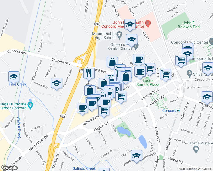 map of restaurants, bars, coffee shops, grocery stores, and more near 2130 California Street in Concord