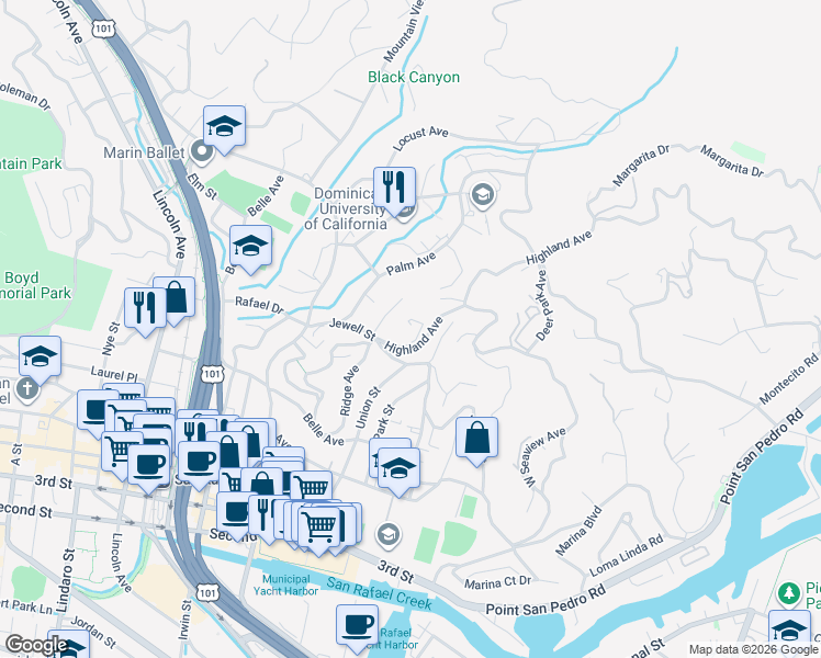 map of restaurants, bars, coffee shops, grocery stores, and more near 61 Highland Avenue in San Rafael