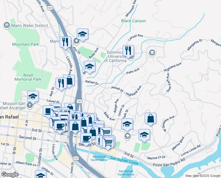 map of restaurants, bars, coffee shops, grocery stores, and more near 11 Palm Avenue in San Rafael