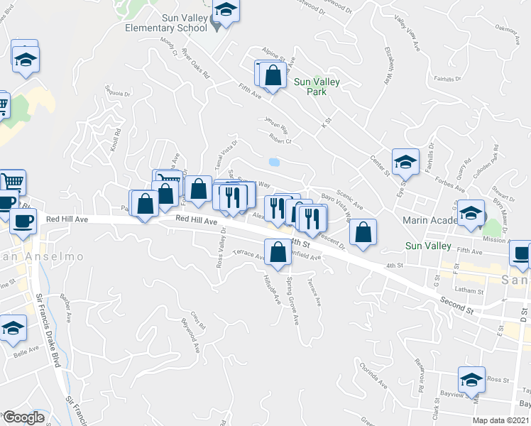 map of restaurants, bars, coffee shops, grocery stores, and more near 18 West Crescent Drive in San Rafael