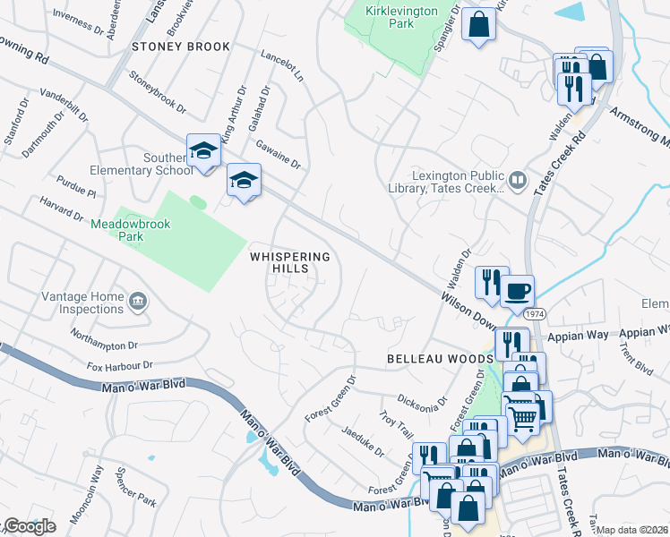 map of restaurants, bars, coffee shops, grocery stores, and more near 461 Whispering Hills Drive in Lexington