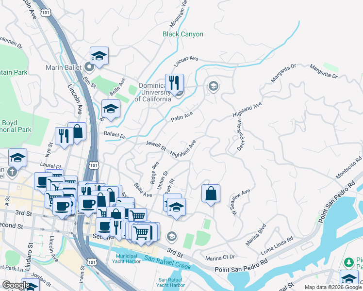 map of restaurants, bars, coffee shops, grocery stores, and more near 61 Highland Avenue in San Rafael
