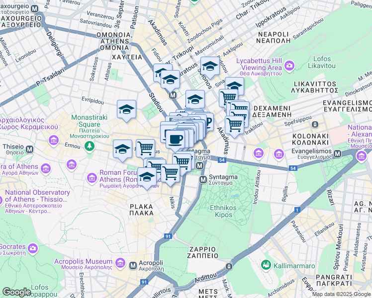 map of restaurants, bars, coffee shops, grocery stores, and more near in Athina
